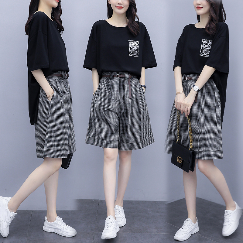 2022 Summer new large size Fat mm Loose Embroidered T-shirt Plaid 50% Shorts Cotton Twist Casual Two-piece Dress Woman