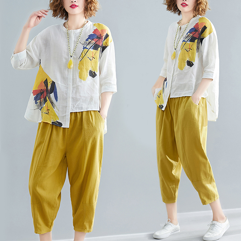 Large Size Cotton Hemp Casual Suit Women Linen Fashion 2022 Spring Summer New Loose Foreign Pie Kharen Pants Two Sets