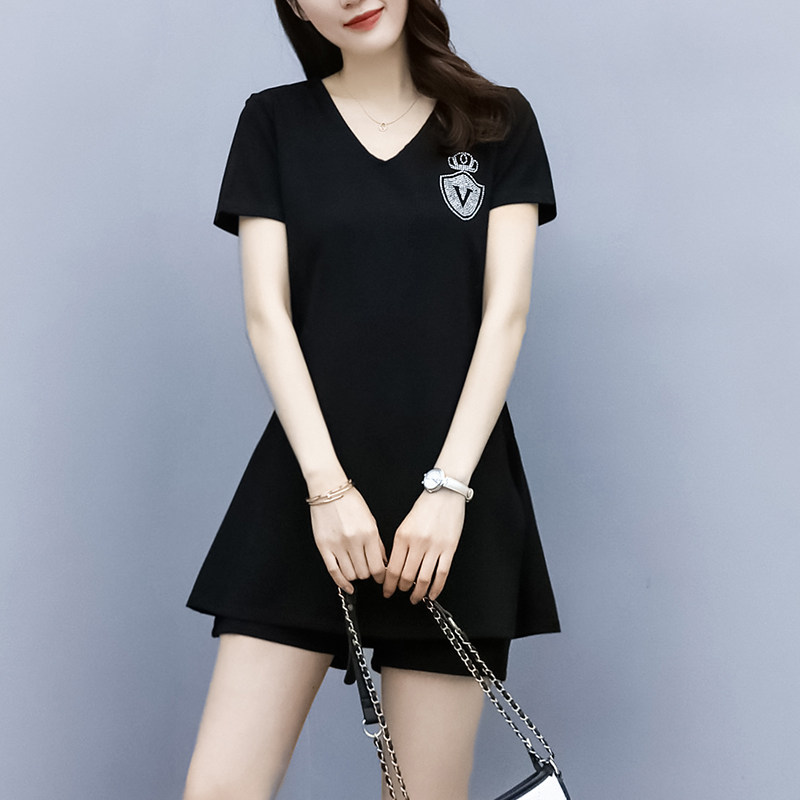 2022 summer new large size fat mm foreign style belly cover shorts thin suit women's fashion short-sleeved top two-piece set