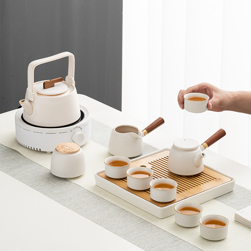 High-end Japanese tea set home office kung fu tea set light luxury modern set teapot tea tray with electric pottery stove