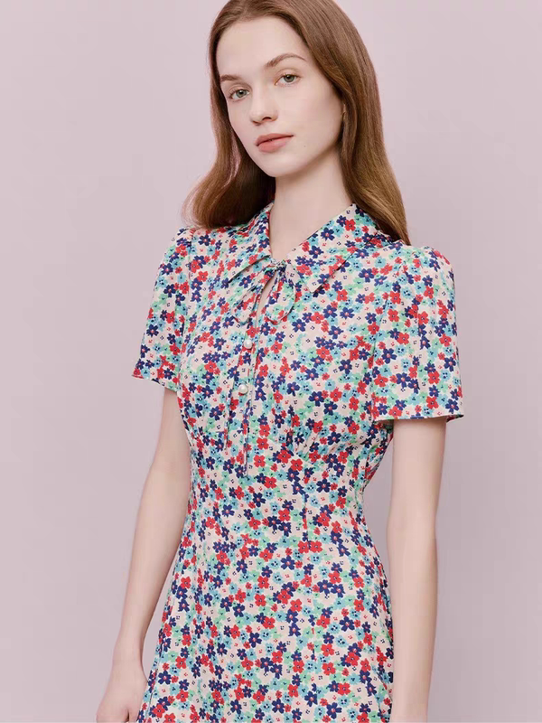 Lkbennett French-Style Printed Dress 2026 Summer New Lace-Up Lapel Waist-Cinching Elegant Mid-Length Style