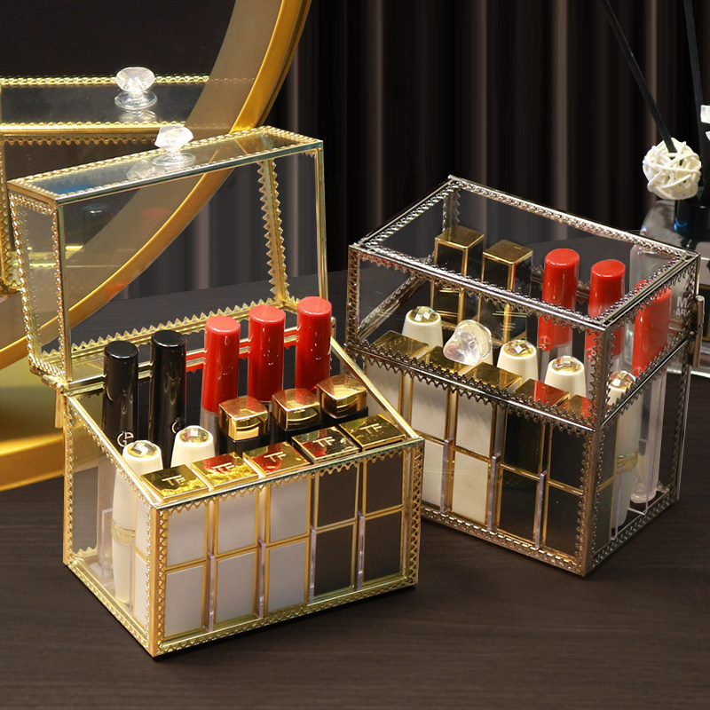 Red glass dust-proof lipstick collection box household glaze box display cosmetics collection box desktop shelf