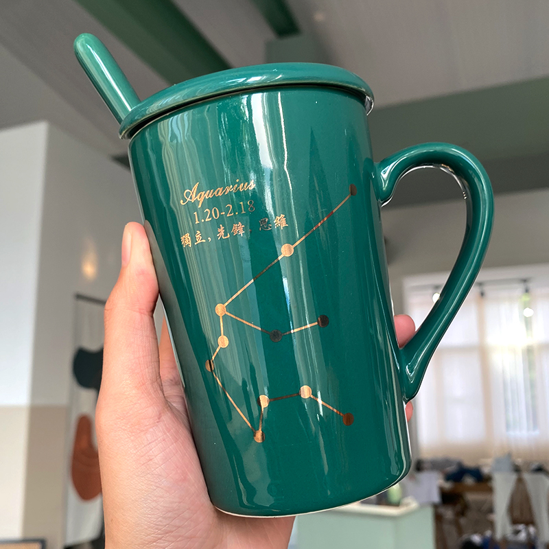 Creative trend ceramic cup mug personality with lid spoon couple water cup coffee cup female constellation gift tea cup