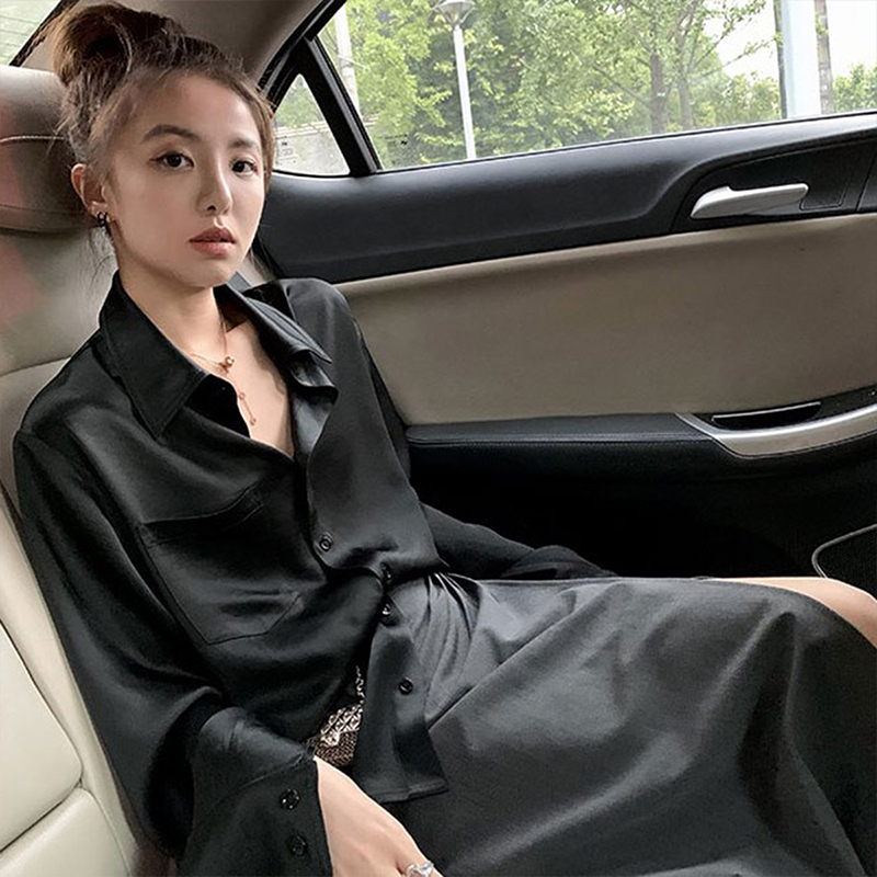 Acetate Black Shirt for Women 2026 New Spring Drapey Top with a High-End, Luxurious Satin Feel
