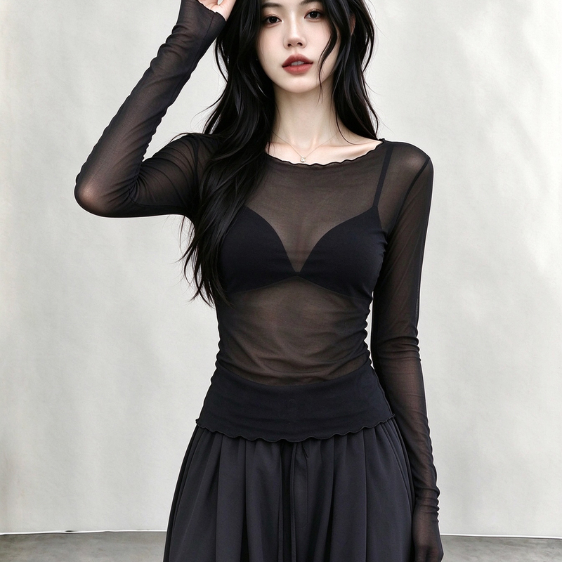 Black Stunning Sheer Mesh Top 2026 Autumn New Style Large Neckline Thin Long-Sleeve Lace Inner Layer Base Shirt Black Stunning Sheer Mesh Top 2026 Autumn New Style Large Neckline Thin Long-Sleeve Lace Inner Layer Base Shirt