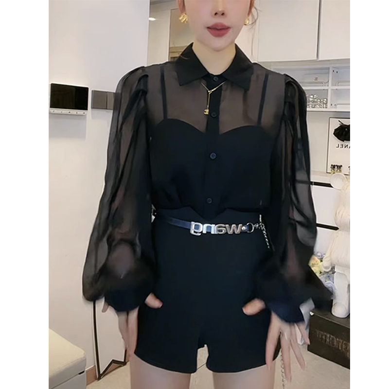 Chiffon Black Shirt for Women, Summer 2025 New Style, Transparent Sheer Camisole Cardigan, Sun Protection Outerwear, Thin Jacket