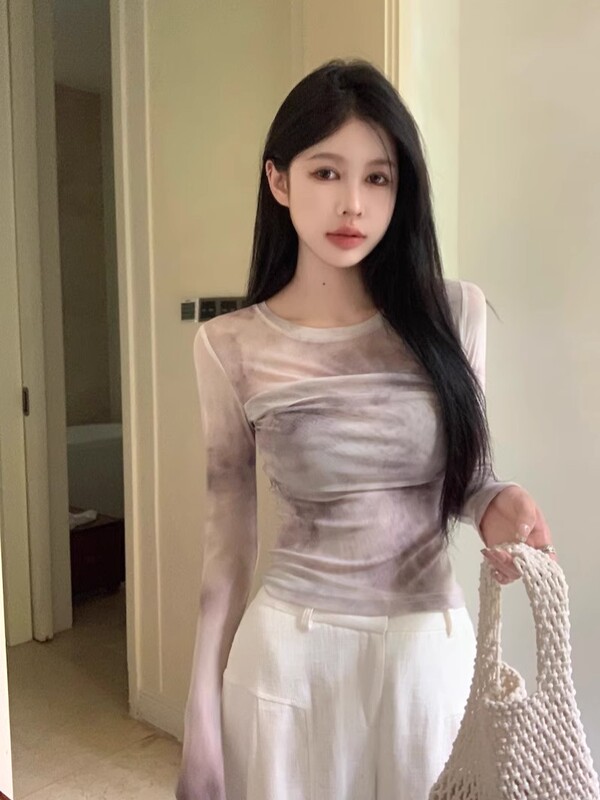Gradient Long-Sleeve Mesh T-Shirt for Women, Summer Design, Niche Style, Slim Fit, See-Through Short Blouse, Ice Silk Top