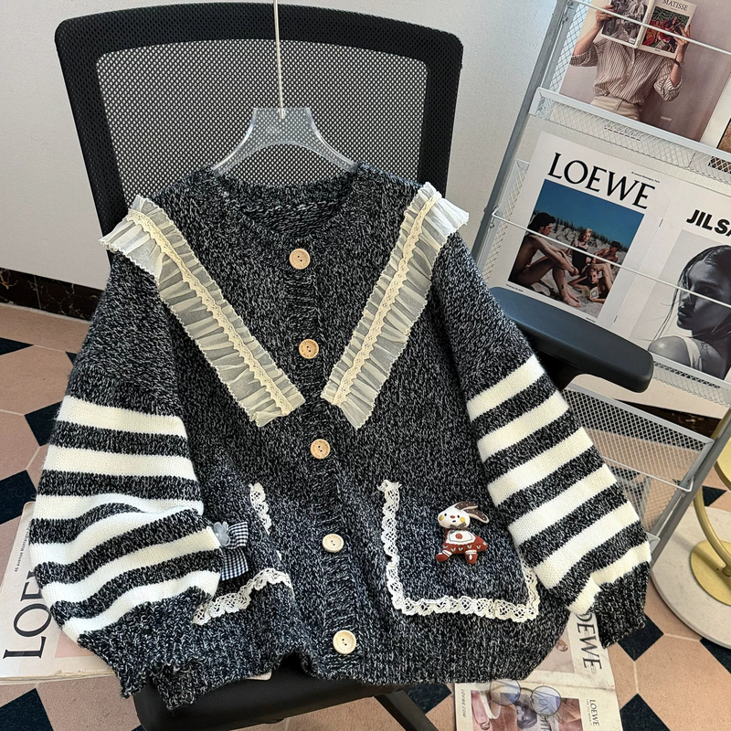 Design-Inspired Lace Cute Doll Loose Sweater Cardigan for Women 2026 New Autumn and Winter Lazy Style Knitwear Jacket