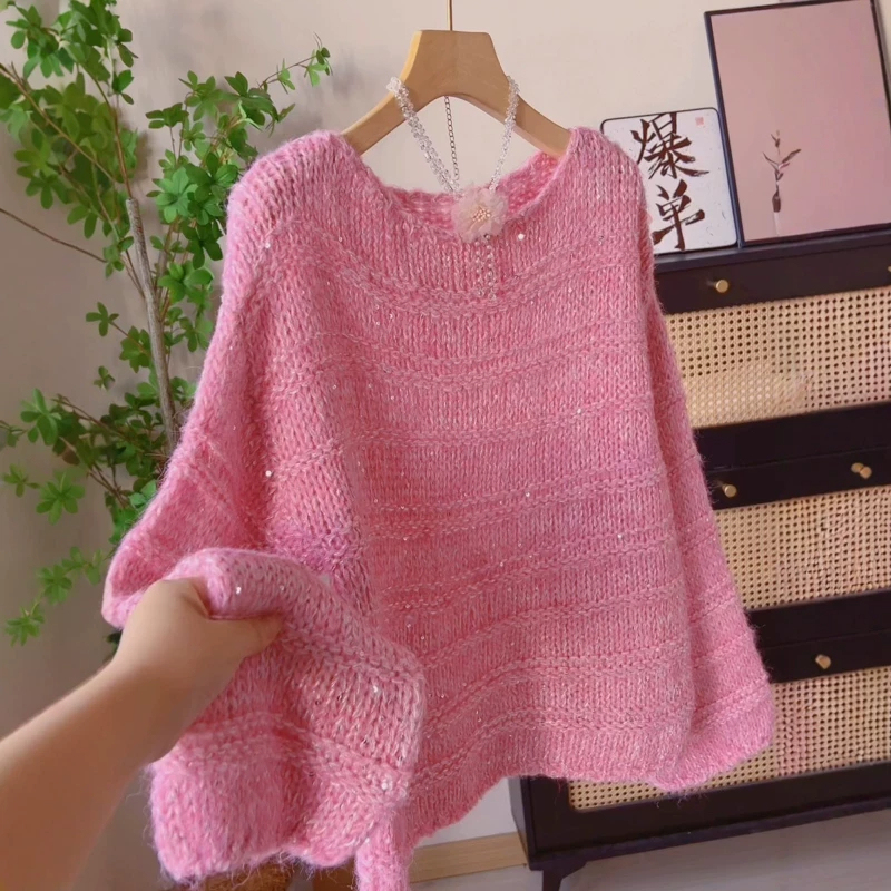 Gorgeous, Sweet, and Stylish Sequin Knit Sweater for Women, 2026 Autumn and Winter, Loose Fit, Age-Reducing Design, Versatile Top