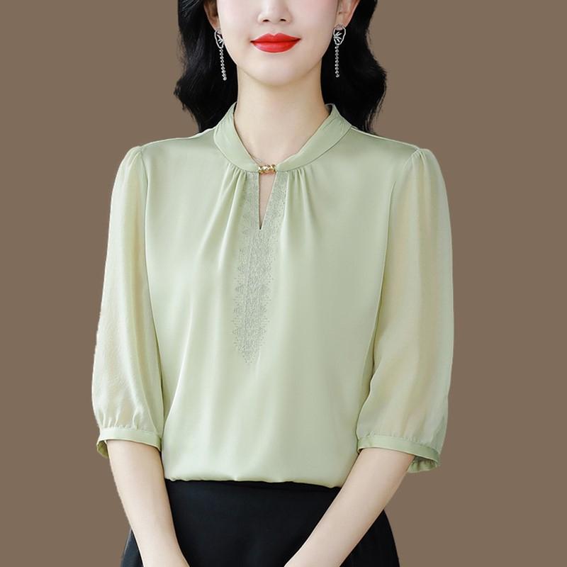 Vintage Embroidered Silk Shirt, Summer Women's Half-Sleeve Top, Elegant and Age-Reducing Halter-Neck Satin Mulberry Silk Blouse