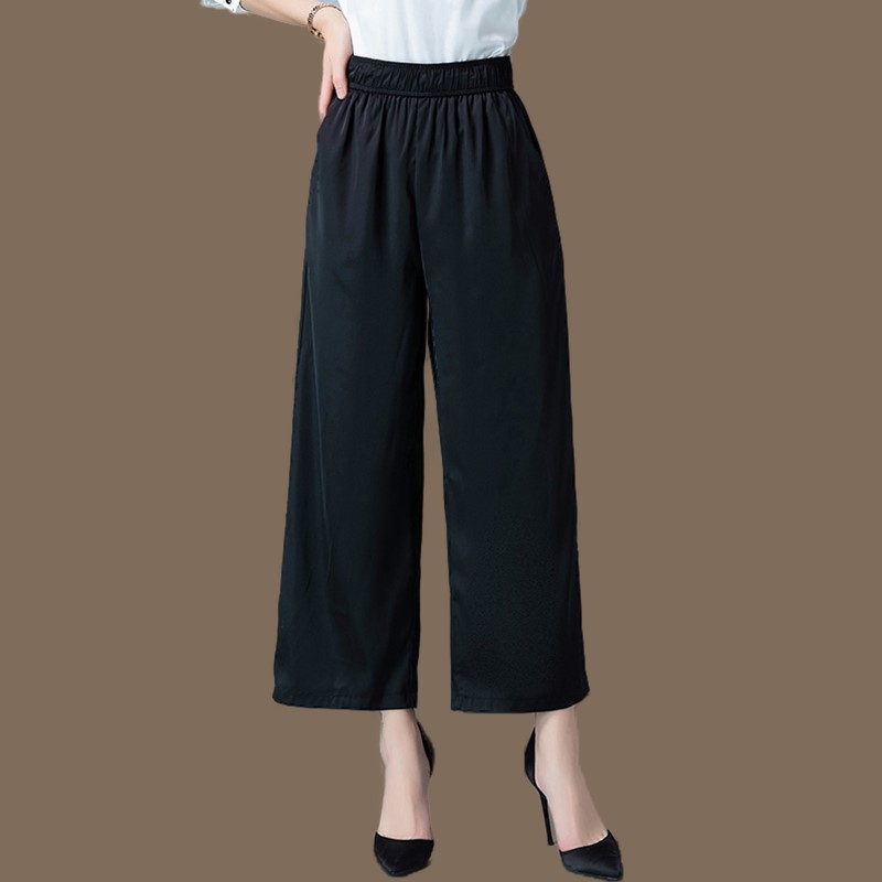 Heavyweight Silk Satin Wide-Leg Pants, Three-Quarter Length Mulberry Silk Women's Pants, Middle-Aged Mom Summer Wear, Black Loose Casual Pants