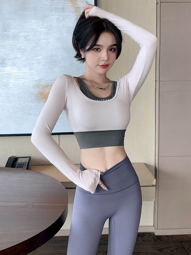 Spring and autumn with chest pad yoga clothes long-sleeved fashion new navel elastic tight-fitting quick-drying fitness clothes women's sports tops