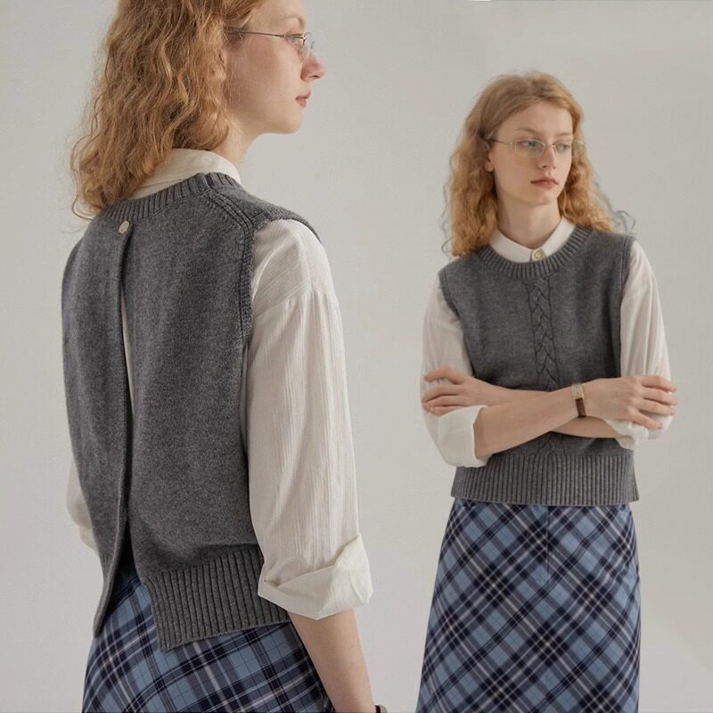 Grey round collar knit sweater waistcoat for women autumn winter Outer lap shirt laminated with soft glutinous sleeveless short jacket waistcoat-Taobao