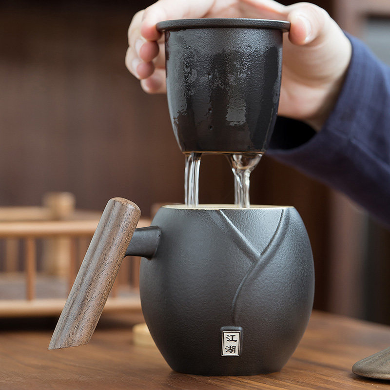 Brewing tea mug tea separation cup with filtered ceramic water cup office with lid wooden handle cup custom logo