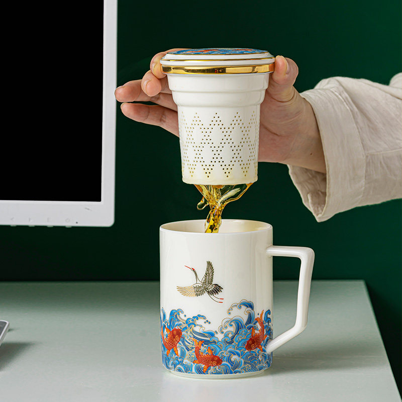 Shea Butter Jade White Porcelain Tea Cup Ceramic With Filter Office Bubble Tea Cup Meeting Cup With Handle Gift Customize Logo