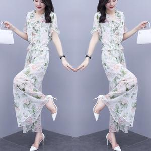 雪纺印花上衣阔腿裤显瘦洋气两件套女