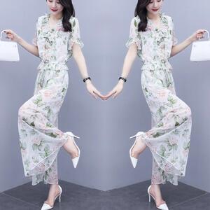 雪纺印花上衣阔腿裤显瘦洋气两件套女