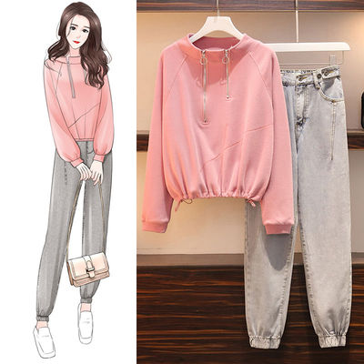 秋季卫衣女洋气遮肚显瘦牛仔裤两件套