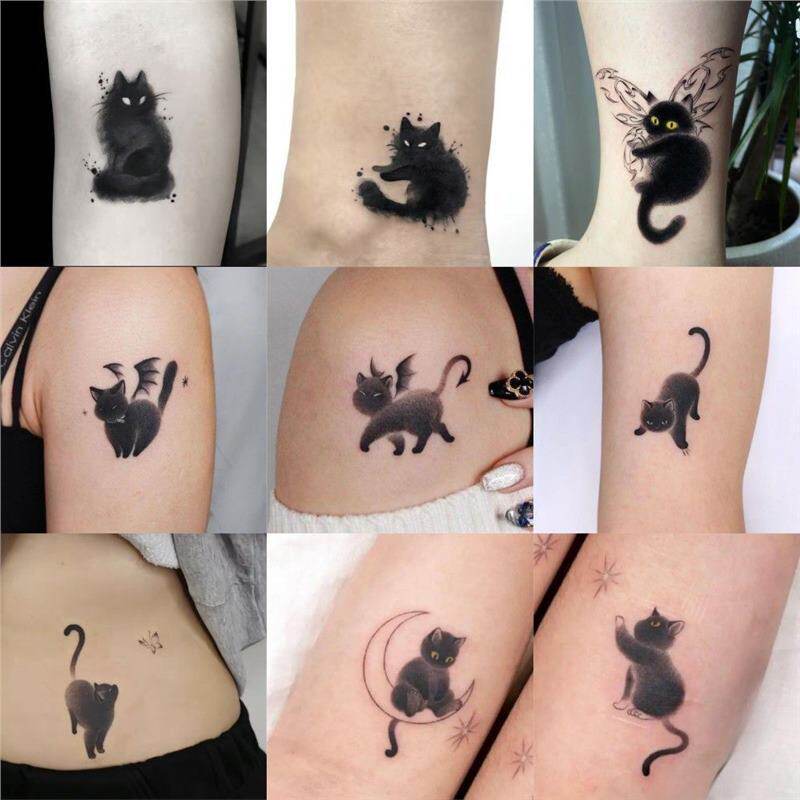 Ink painting style and your family's black and white cat temporary tattoos, cute black cat, dark and soft temporary tattoos.