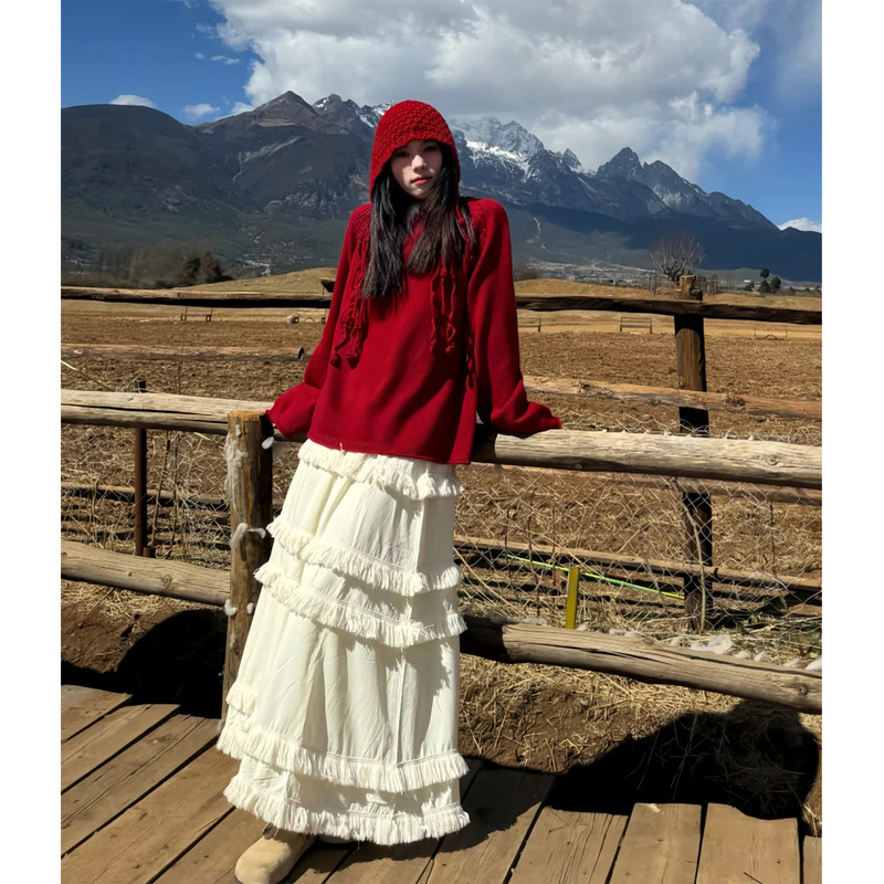 Sichuan-Western Xinjiang Travel Women's Clothing New Year Sweater Women's Autumn and Winter Clothing 2026 Very Beautiful Red Color Matching Outfit Complete Set
