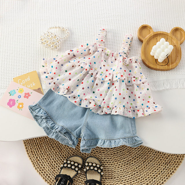 Baby girl summer new suspender suit girl sleeveless floral polka dot top denim lace shorts two-piece set