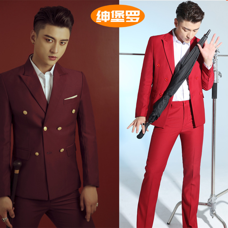 Play in a suit Western suit Deep wine Red New Host Dress Male Korean Version Sashimi Photo Gallery Double row Buttons Men Suits