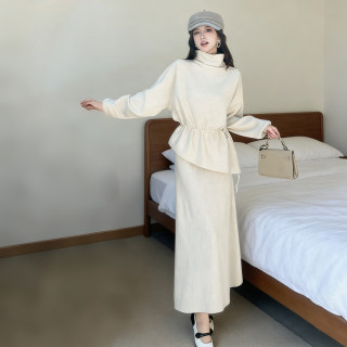 Winter high neck long sleeve knitted skirt apricot high waist slim irregular drawstring design thick dress women's clothing