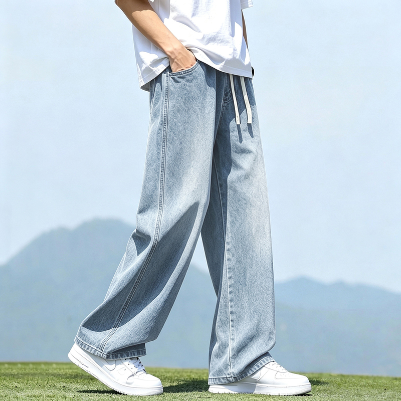 Summer Jeans for Men, Loose Straight-Leg Wide-Leg Trendy American-Style Casual Thin Soft Denim Pants