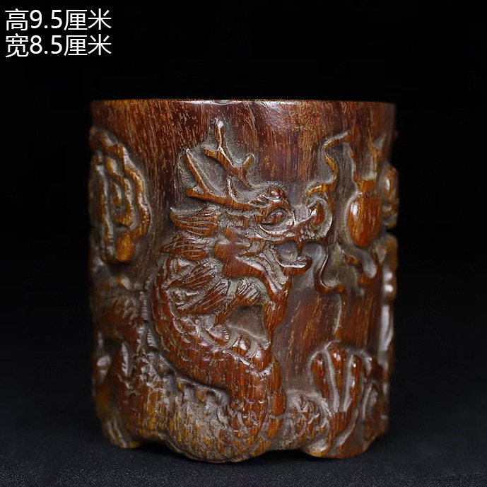 古董文玩西藏天然老牛角雕龍鳳酒杯家用西角工藝禮品擺飾復古擺件牛角杯