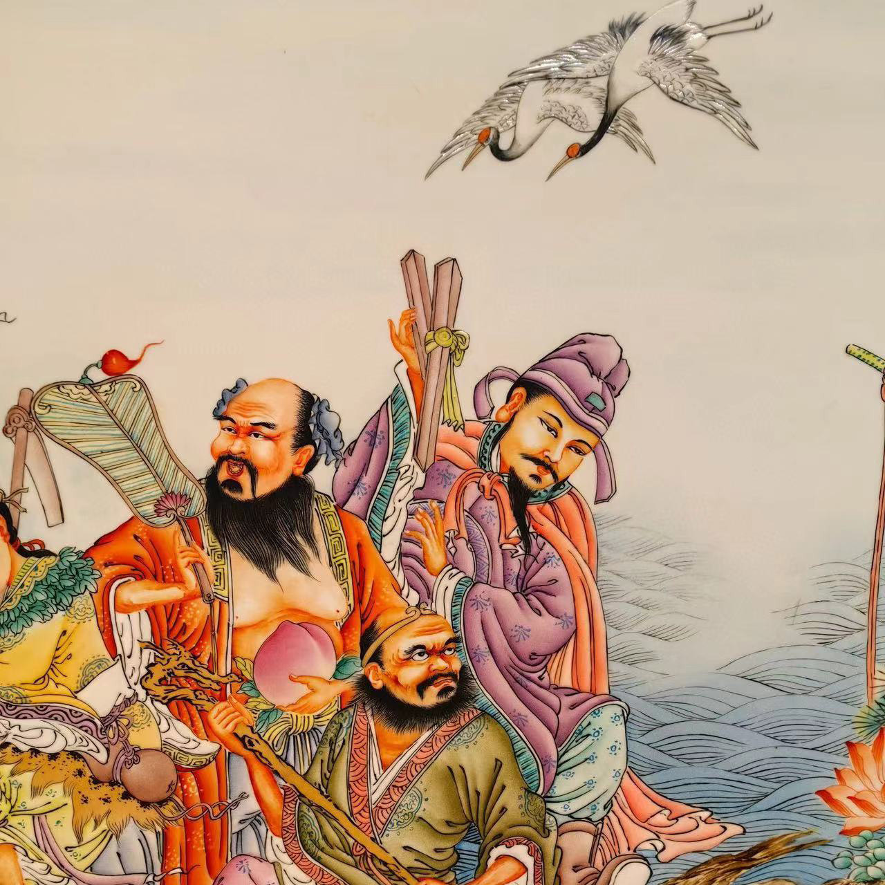 росписи фарфора 古董文玩王琦作品红木镶瓷板画重工粉彩人物八仙过海中堂挂屏摆件
