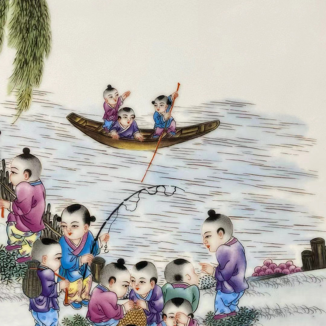 росписи фарфора 古董文玩王大凡作品红木雕回纹花镶瓷板画粉彩人物百子图中堂挂屏