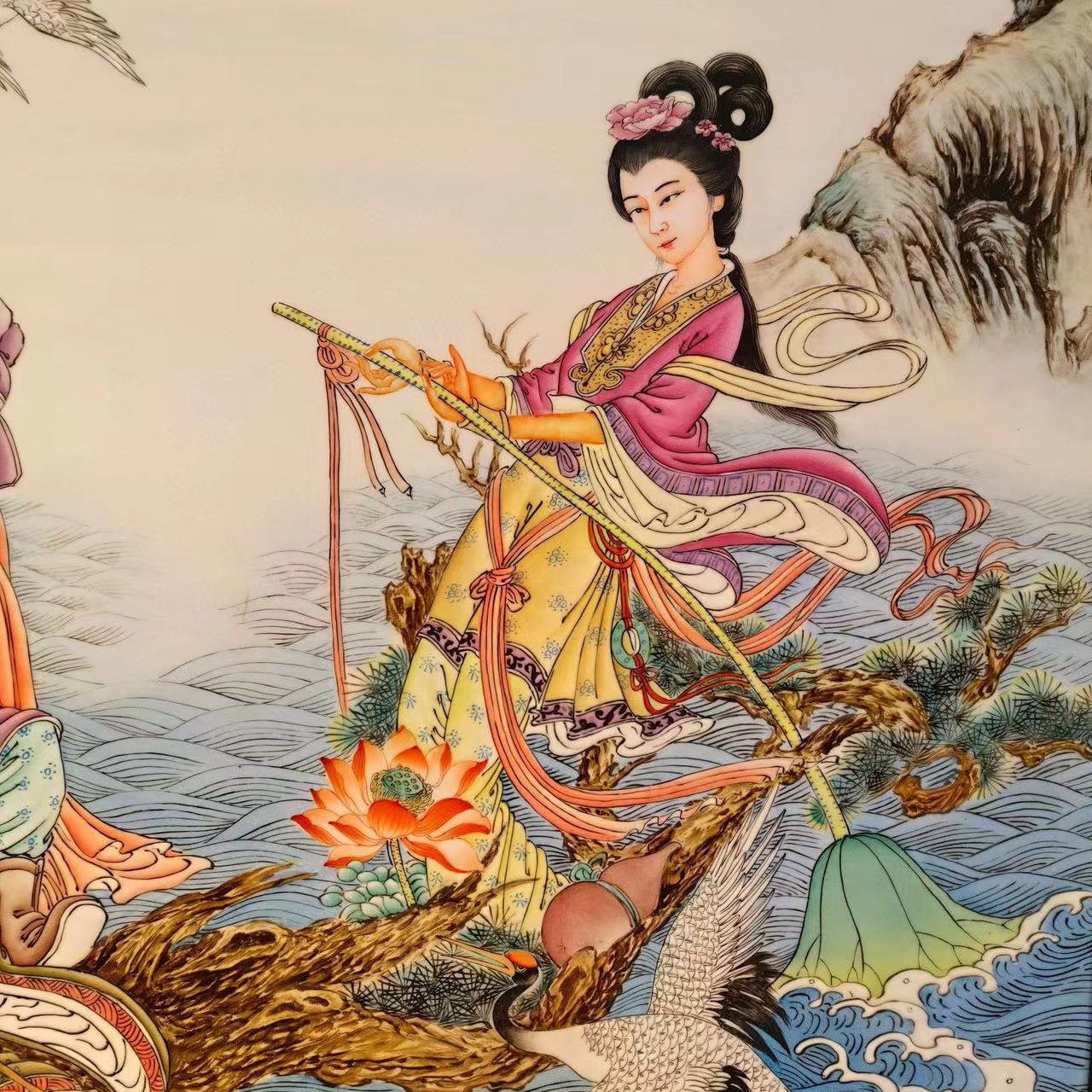 росписи фарфора 古董文玩王琦作品红木镶瓷板画重工粉彩人物八仙过海中堂挂屏摆件