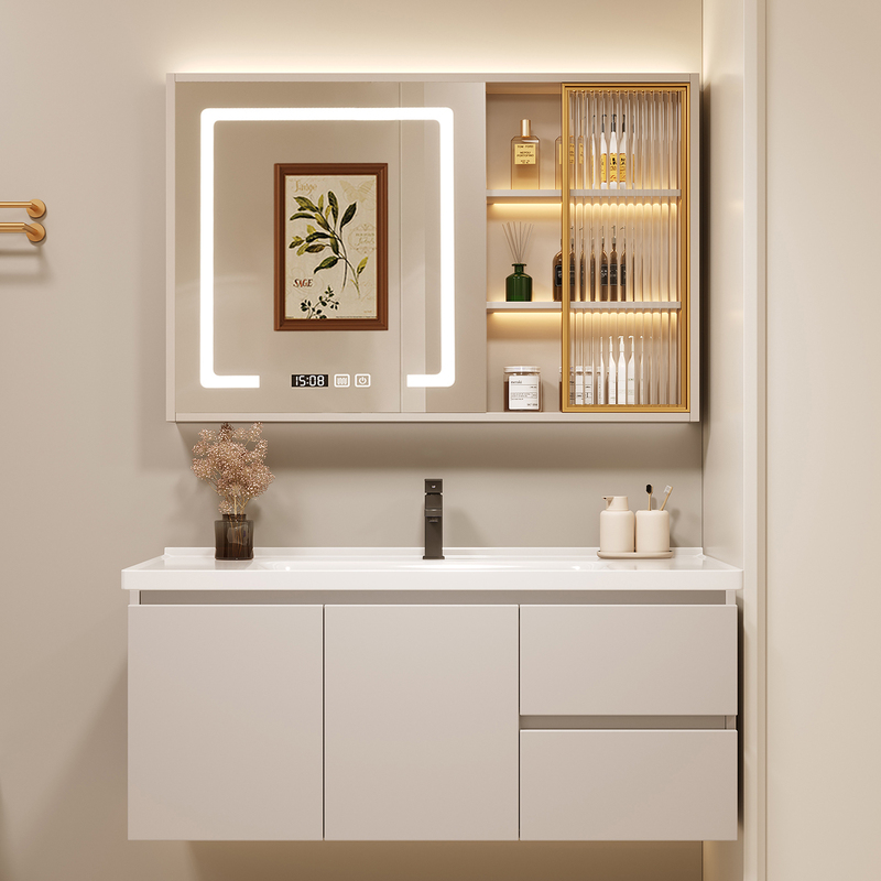 Bathroom Washbasin Modern Minimalist Smart Bathroom Cabinet Cream Style Small Apartment Ceramic Integrated Washbasin