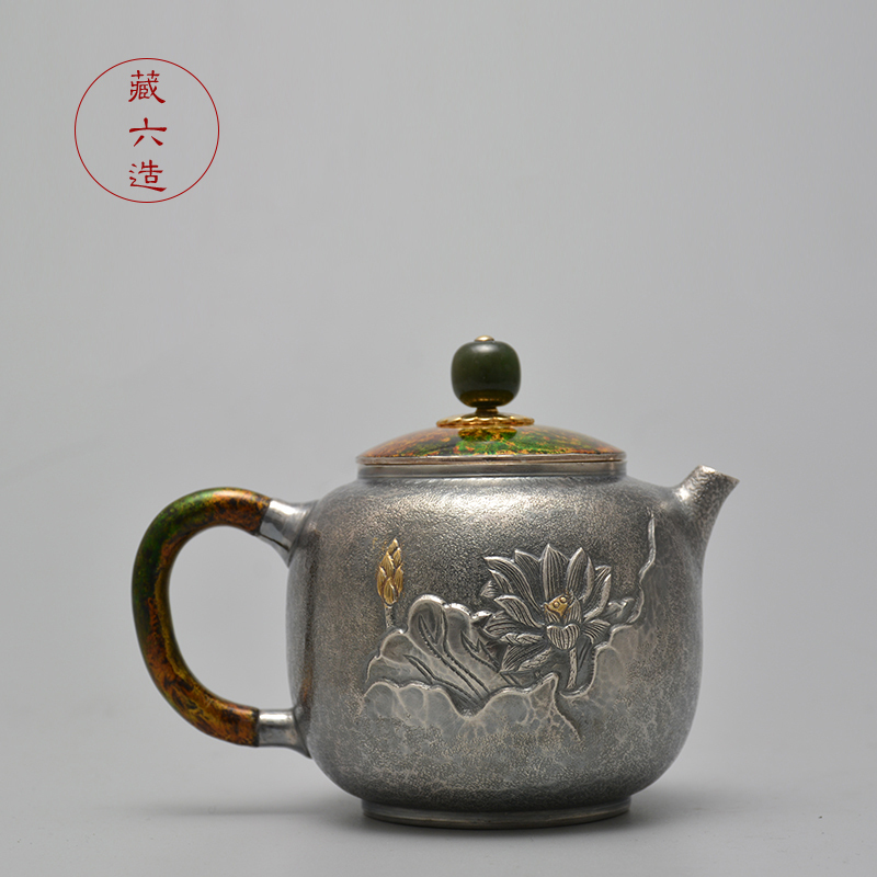 Silver Teapot, Zangliu-Made Lacquer Lotus-Patterned Silver Teapot, 999 Pure Silver Tea Pot, Handmade Japanese High-End Silver Teapot Silver Teapot, Zangliu-Made Lacquer Lotus-Patterned Silver Teapot, 999 Pure Silver Tea Pot, Handmade Japanese High-End Silver Teapot