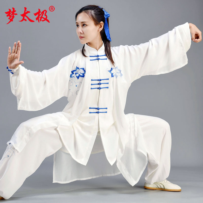 Dream Tai Chi new embroidered Tai Chi clothing women's spring and autumn silk hemp Chinese style fashion elegant white Tai Chi practice clothing