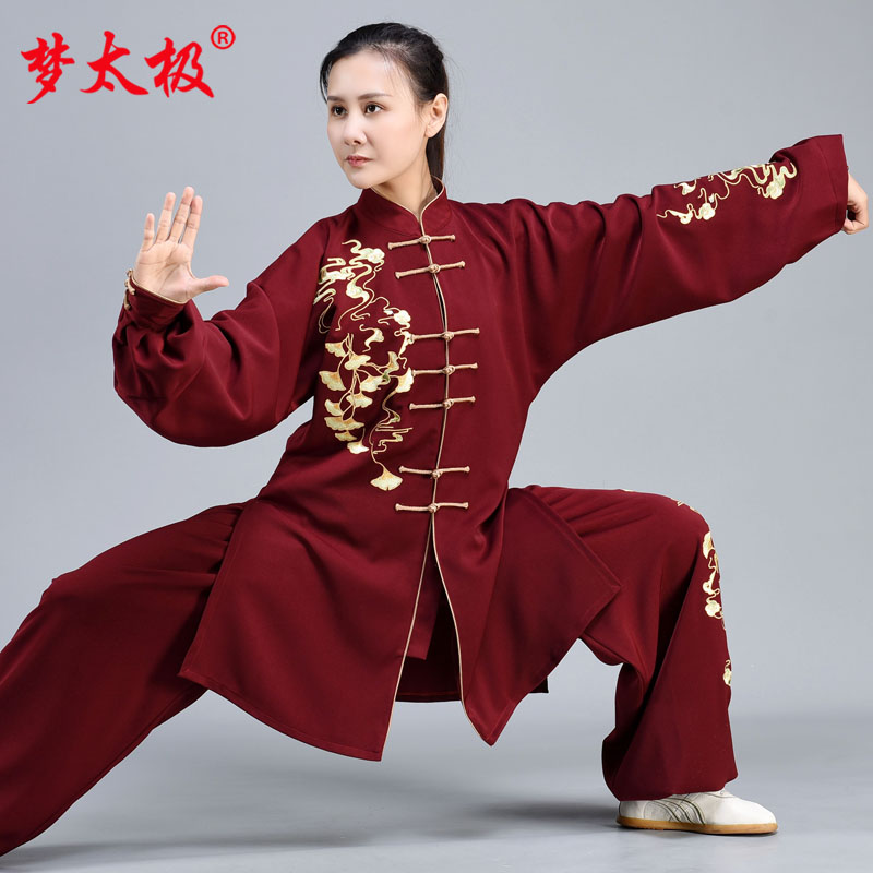 Dream Taiji jujube red Taiji suit spring and autumn Taijiquan practice suit women's mid-length version high-end embroidered ginkgo men's Chinese style