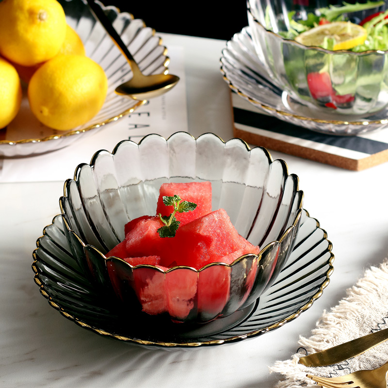 Large transparent heat - resistant glass bowl dish plate household microwave oven salad bowl, dish up and serve a single creative dishes