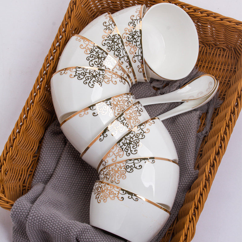 Jingdezhen Ceramic Bowl Household Rice Bowl Creation of Italian Noodle Bowl Soup Bowl European Phnom-edged Bone Porcelain Tableware Combination Single