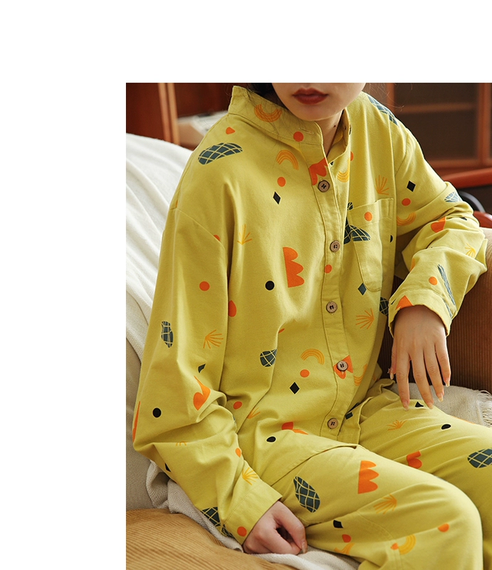 2020 new cotton chải pijama cho phụ nữ mùa thu / mùa đông cardigan giản dị Phong cách Nhật Bản có thể mặc ở nhà với cotton hai mảnh - Cha mẹ và con