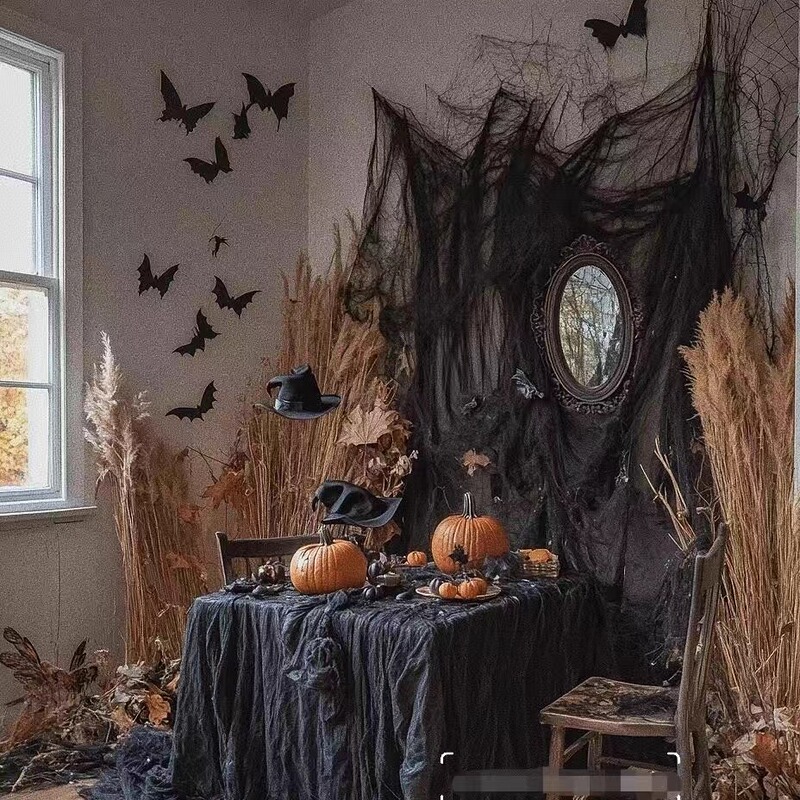 Autumn and Winter Halloween Scene Decoration Black Gauze Fabric Wall Stickers Photography Studio Layout Indoor Atmosphere Decoration