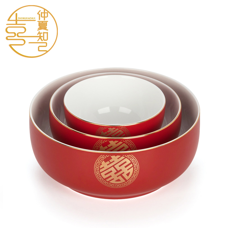 Hanhong Wedding Bowl High-end Longevity Bowl Ceramic Bowl Household Large Bowl Large Noodle Bowl Wedding Tableware Red Bowl