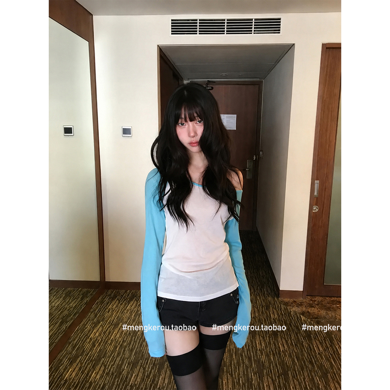Korean Style Daily Wear ~ Lazy Retro Color-Blocking Long-Sleeve T-Shirt for Women, Spring and Summer, Off-Shoulder, Loose and Cool Top Korean Style Daily Wear ~ Lazy Retro Color-Blocking Long-Sleeve T-Shirt for Women, Spring and Summer, Off-Shoulder, Loose and Cool Top