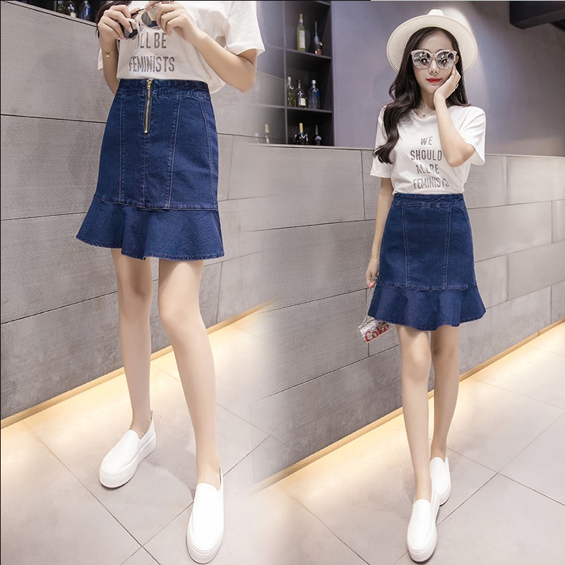 Fat mm mùa hè váy chất béo mới cộng với mã sen lá rìa đàn hồi denim phụ nữ váy váy A-từ ngắn váy triều váy