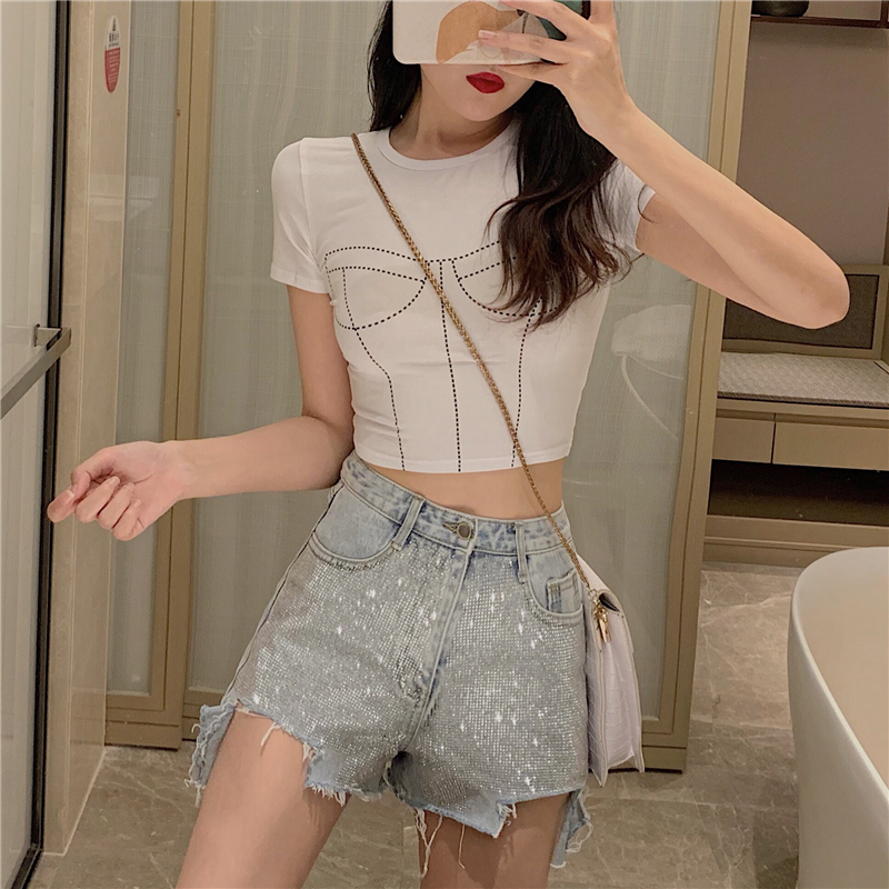 Net đỏ ya với thủy triều một rách CEC denim quần short cao eo chương mỏng 100 phụ nữ mới của mùa hè in