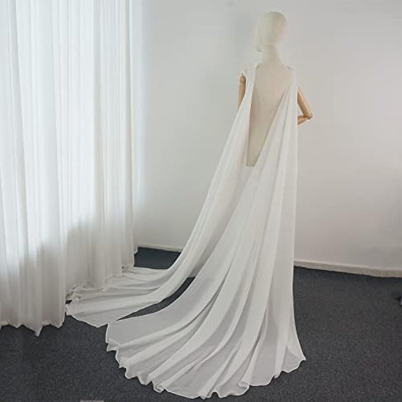 Women's Detachable Chiffon Wedding Dress Wing-Shaped Shawl Evening Gown with Train, Solid Color Flowing Cape Stage Performance Costume