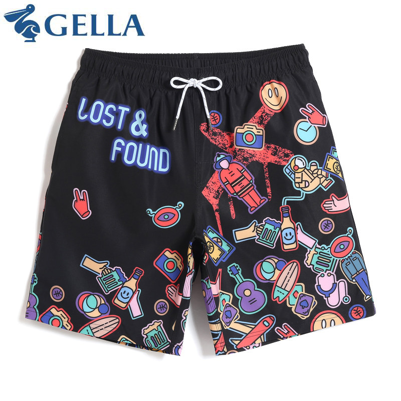 GELLA cartoon print quick-drying men's shorts five-point trousers with lined beach pants for loose lap bottoms