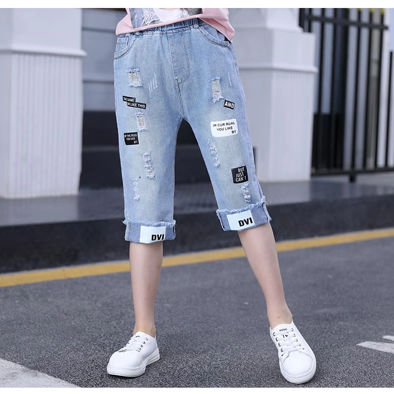 Quần dài denim bé gái, quần 7 điểm mỏng mùa hè, quần short trẻ em cỡ lớn, quần thời trang phong cách hàn quốc, quần ngoài trẻ em - Quần jean