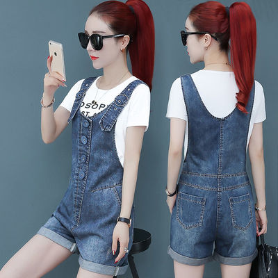 新款小清新牛仔七分裤修身吊带连体裤女