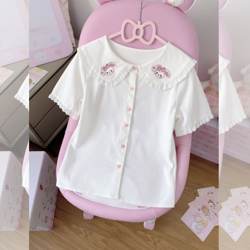 Cute Bunny Doll Collar Short-Sleeved Shirt for Women, New Summer Style, Embroidered, Preppy Style, Sweet Soft Girl Lace Top