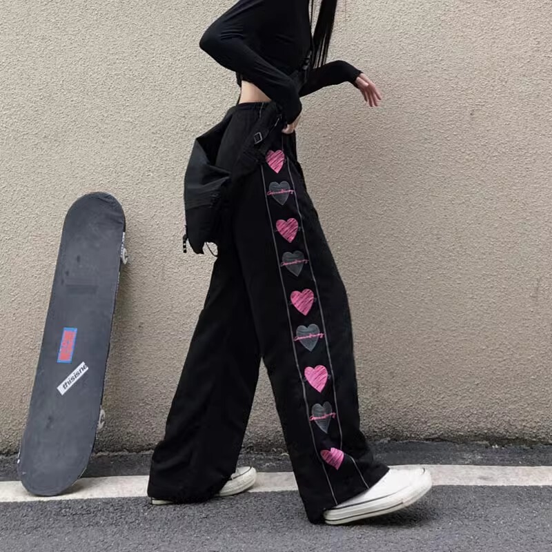 Heart-Shaped Casual Sweatpants for Women, New Autumn and Winter High Street Harajuku Style, High-Waisted, Petite, Drawstring, Trendy Wide-Leg Pants